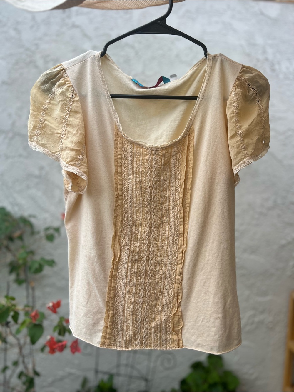 Johnny Was baby yellow cotton tee with embroidery and flutter sleeves
